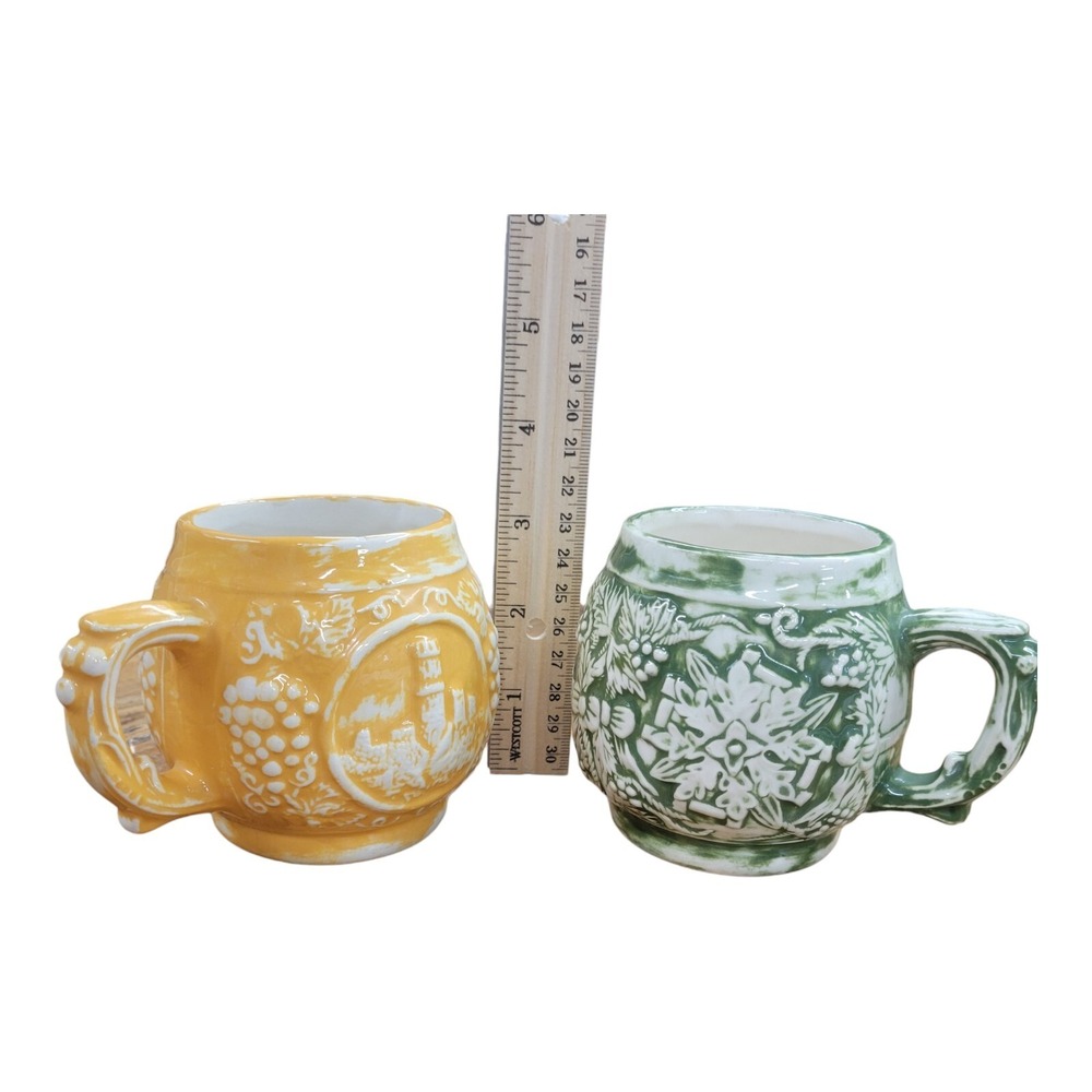 Set of 2 Vintage Mugs Green & Yellow Glazed Unique Relief Cups Signed 1970s - Picture 13 of 14